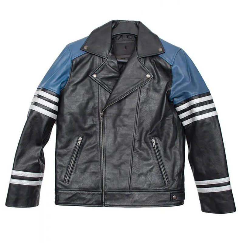 Men's Black and Blue Leather Biker Jacket with Striped Design - AMSEL LEATHERS