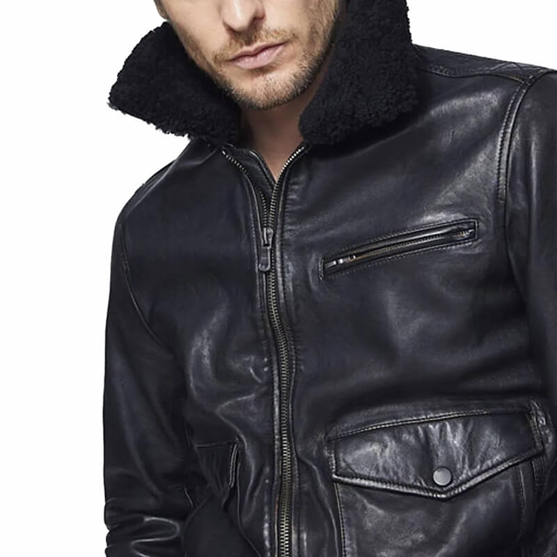 Men’s Bomber Black Leather Jacket with Sherpa Collar - AMSEL LEATHERS