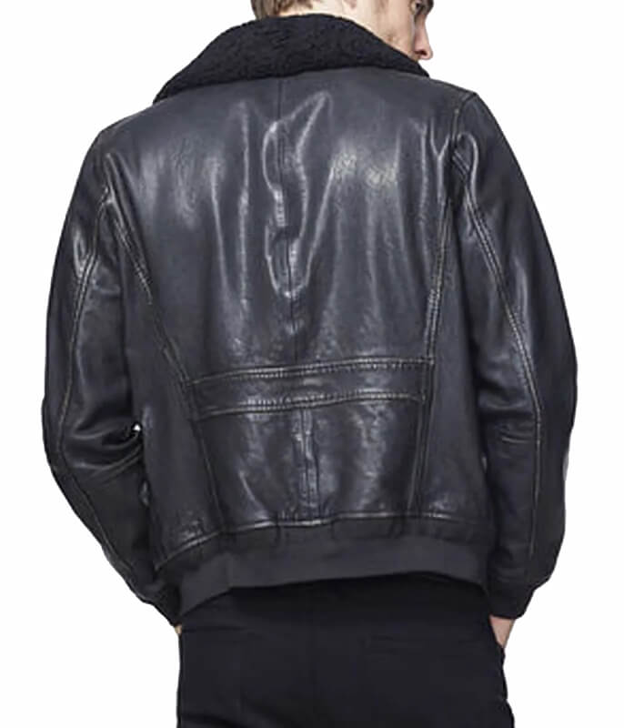 Men’s Bomber Black Leather Jacket with Sherpa Collar - AMSEL LEATHERS