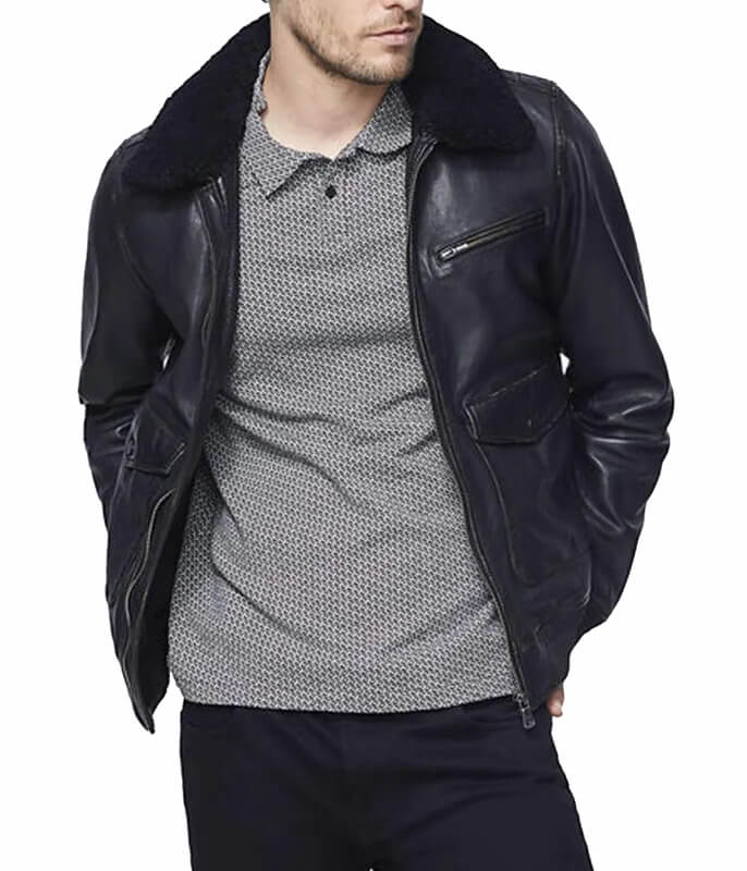 Men’s Bomber Black Leather Jacket with Sherpa Collar - AMSEL LEATHERS