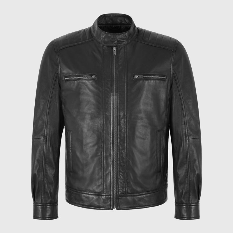 Men's Black Cafe Racer Moto Leather Jacket - AMSEL LEATHERS