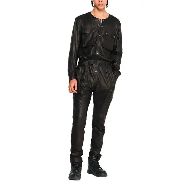 Men's Black Cargo Style Leather Jumpsuit Amsel Leathers