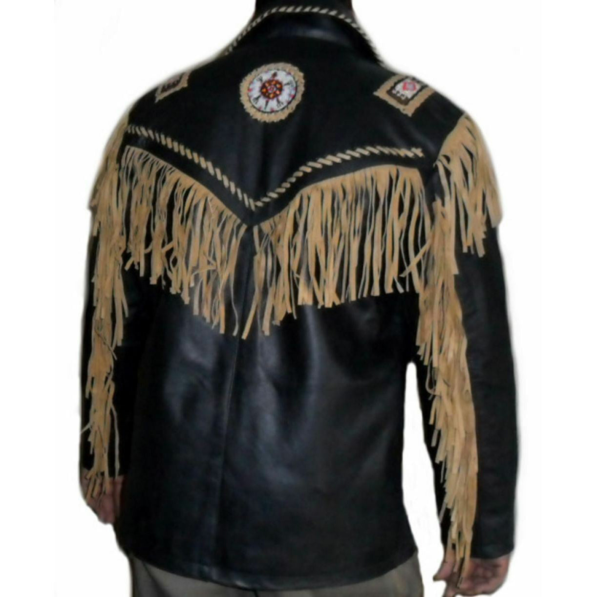 Men's Black Cowhide Leather Vintage Jacket - Fringed and Beaded Western Coat - AMSEL LEATHERS