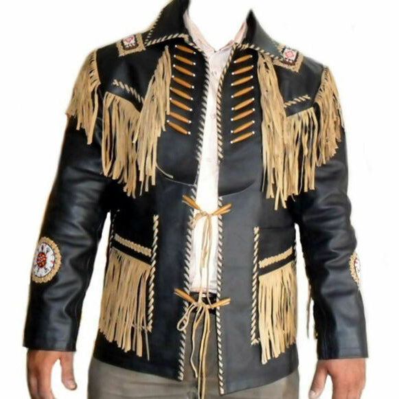 Men's Black Cowhide Leather Vintage Jacket - Fringed and Beaded Western Coat - AMSEL LEATHERS