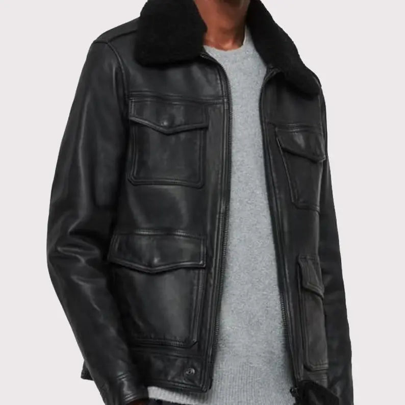 Men's Black Genuine Leather Bomber Jacket - Air Force Pilot Style Amsel Leathers