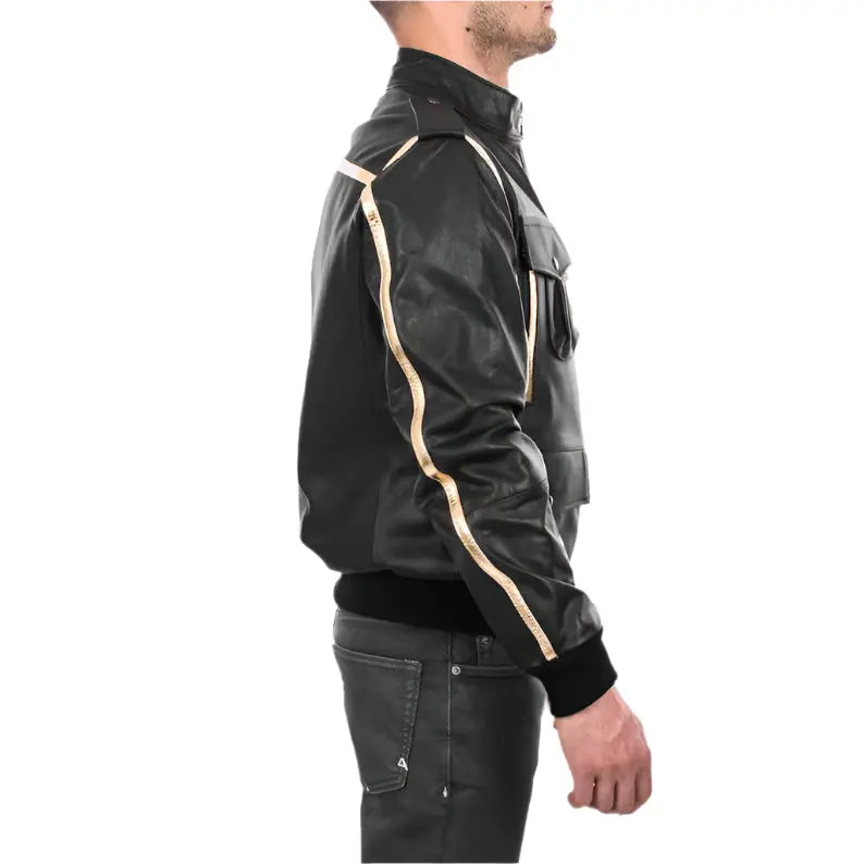 Men's Black & Gold Genuine Lamb Leather Bomber Jacket - AMSEL LEATHERS