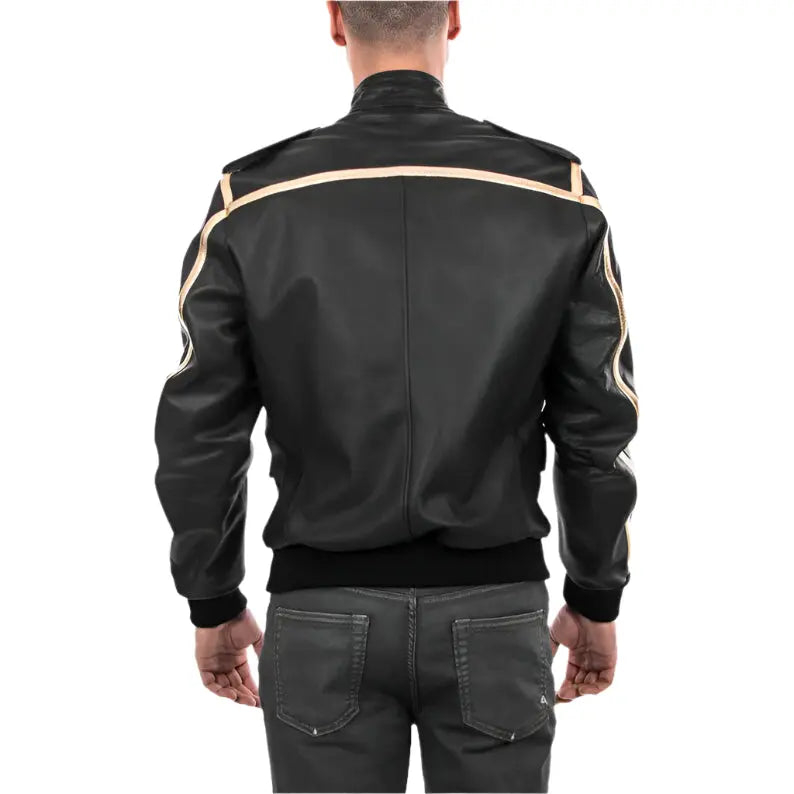 Men's Black & Gold Genuine Lamb Leather Bomber Jacket - AMSEL LEATHERS