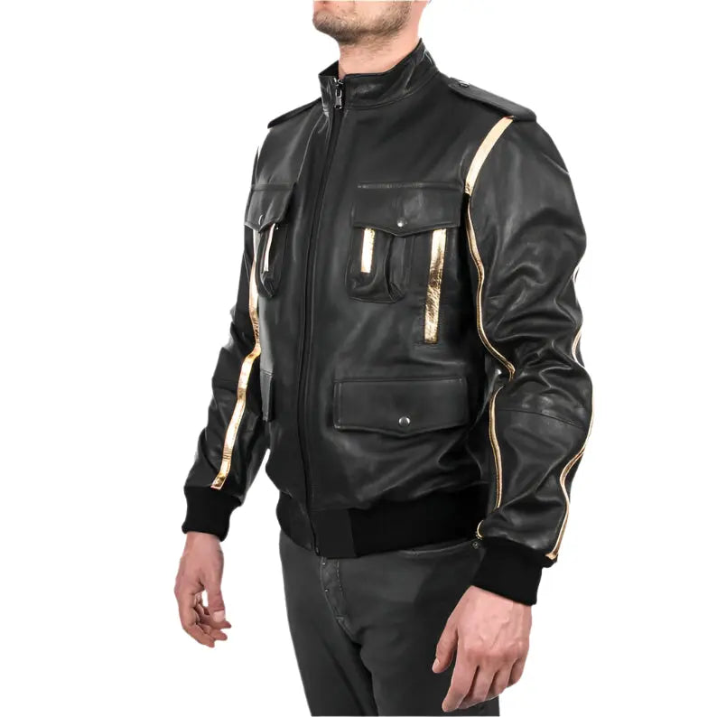 Men's Black & Gold Genuine Lamb Leather Bomber Jacket - AMSEL LEATHERS