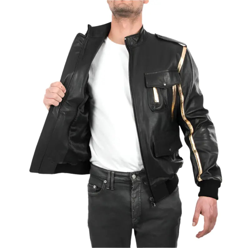 Men's Black & Gold Genuine Lamb Leather Bomber Jacket - AMSEL LEATHERS