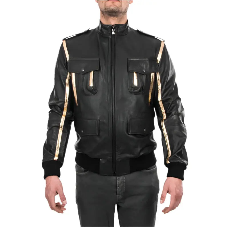 Men's Black & Gold Genuine Lamb Leather Bomber Jacket - AMSEL LEATHERS