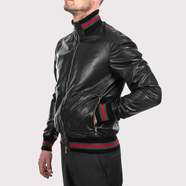 Men's Black Lambskin Bomber Leather Jacket Amsel Leathers