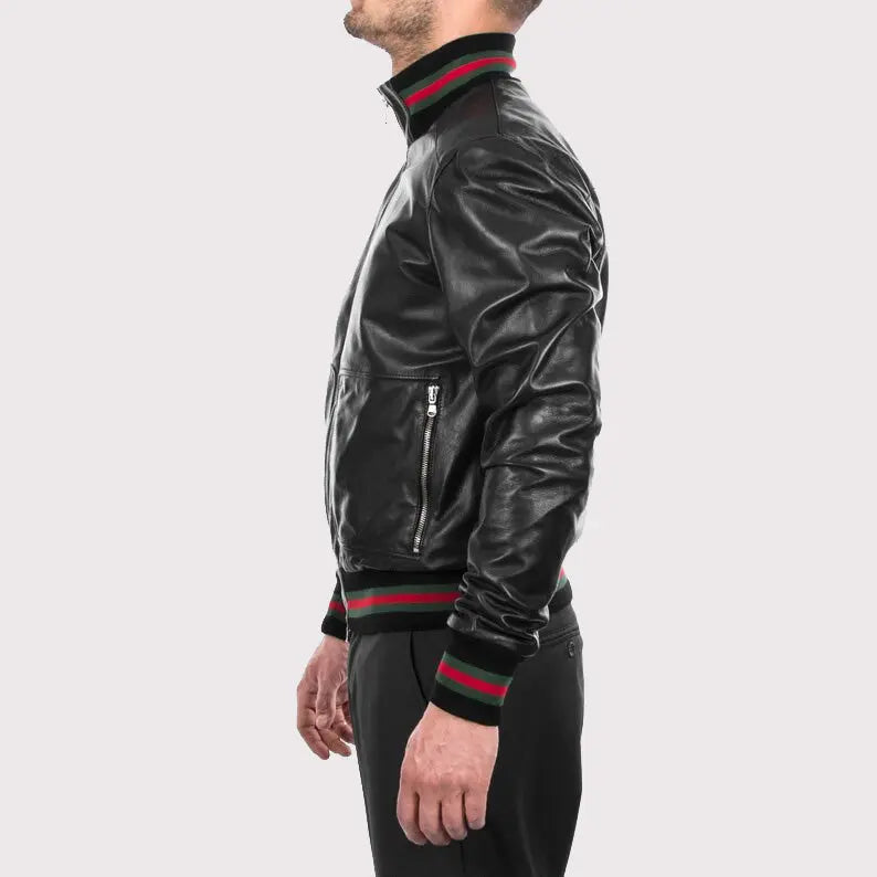 Men's Black Lambskin Bomber Leather Jacket Amsel Leathers