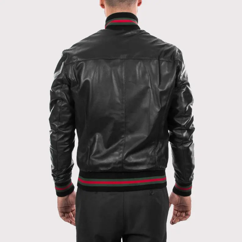 Men's Black Lambskin Bomber Leather Jacket Amsel Leathers