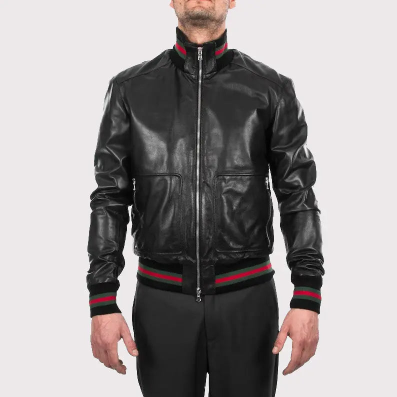 Men's Black Lambskin Bomber Leather Jacket Amsel Leathers