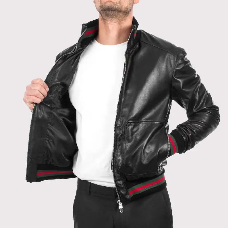 Men's Black Lambskin Bomber Leather Jacket Amsel Leathers