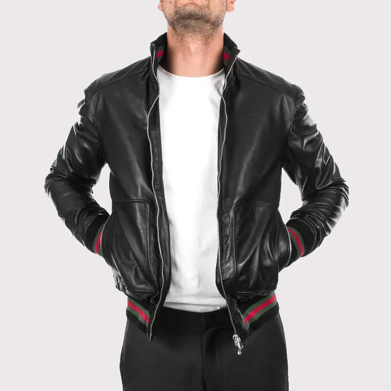 Men's Black Lambskin Bomber Leather Jacket Amsel Leathers