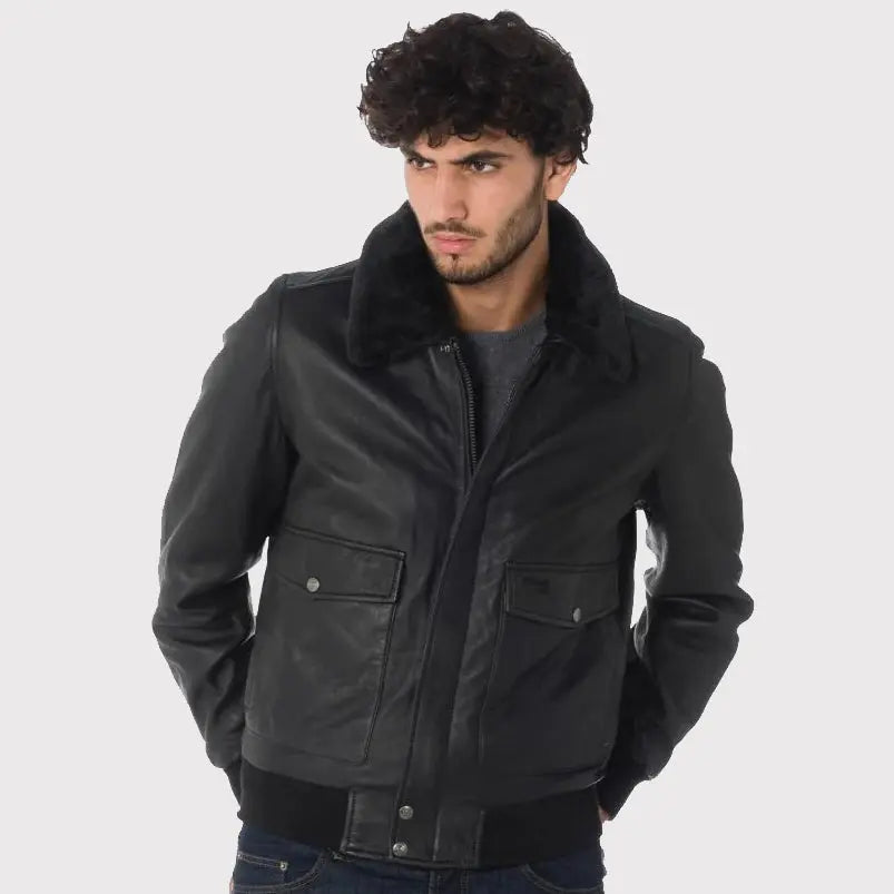 Men's Black Lambskin Leather Aviator Jacket Amsel Leathers