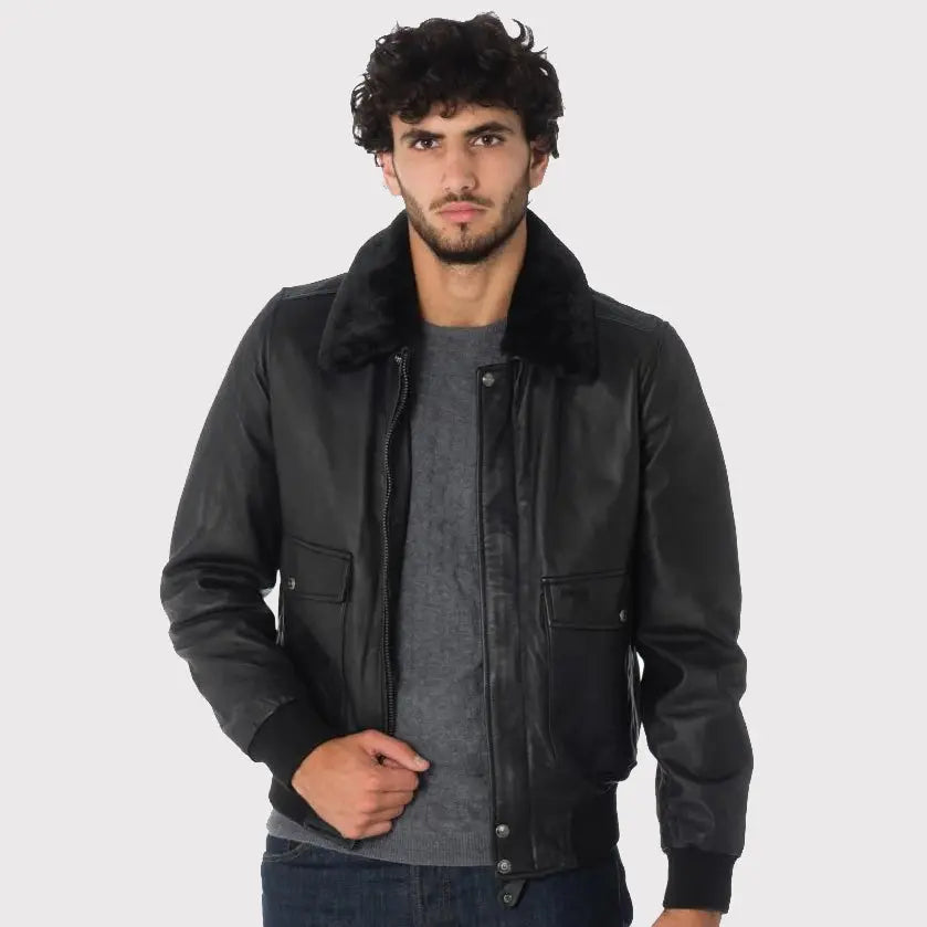 Men's Black Lambskin Leather Aviator Jacket Amsel Leathers