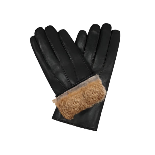 Men's Black Lambskin Leather Gloves with Brown Fur Lining - AMSEL LEATHERS