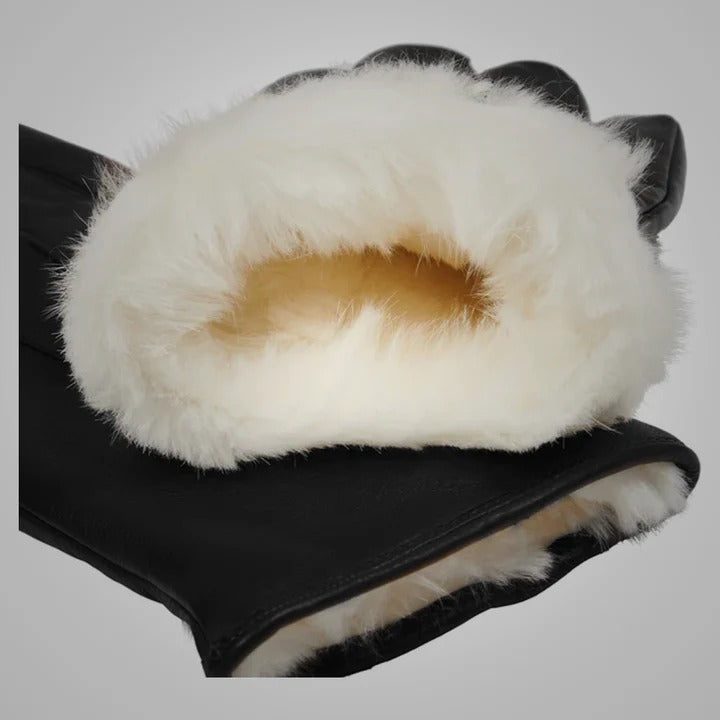 Men's Black Lambskin Leather Gloves with White Fur Lining - AMSEL LEATHERS