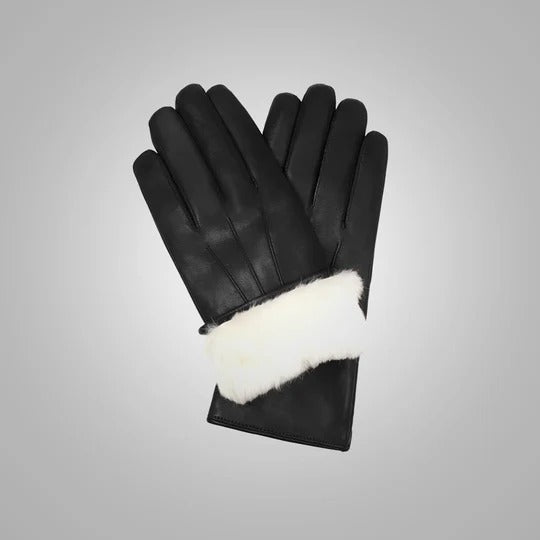 Men's Black Lambskin Leather Gloves with White Fur Lining - AMSEL LEATHERS