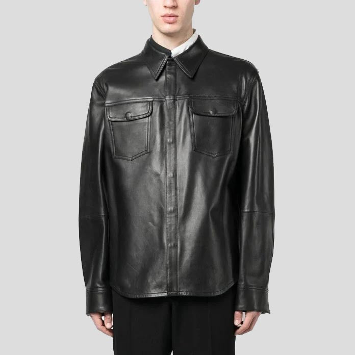 Men's Black Lambskin Leather Shirt with Chest Pocket - AMSEL LEATHERS