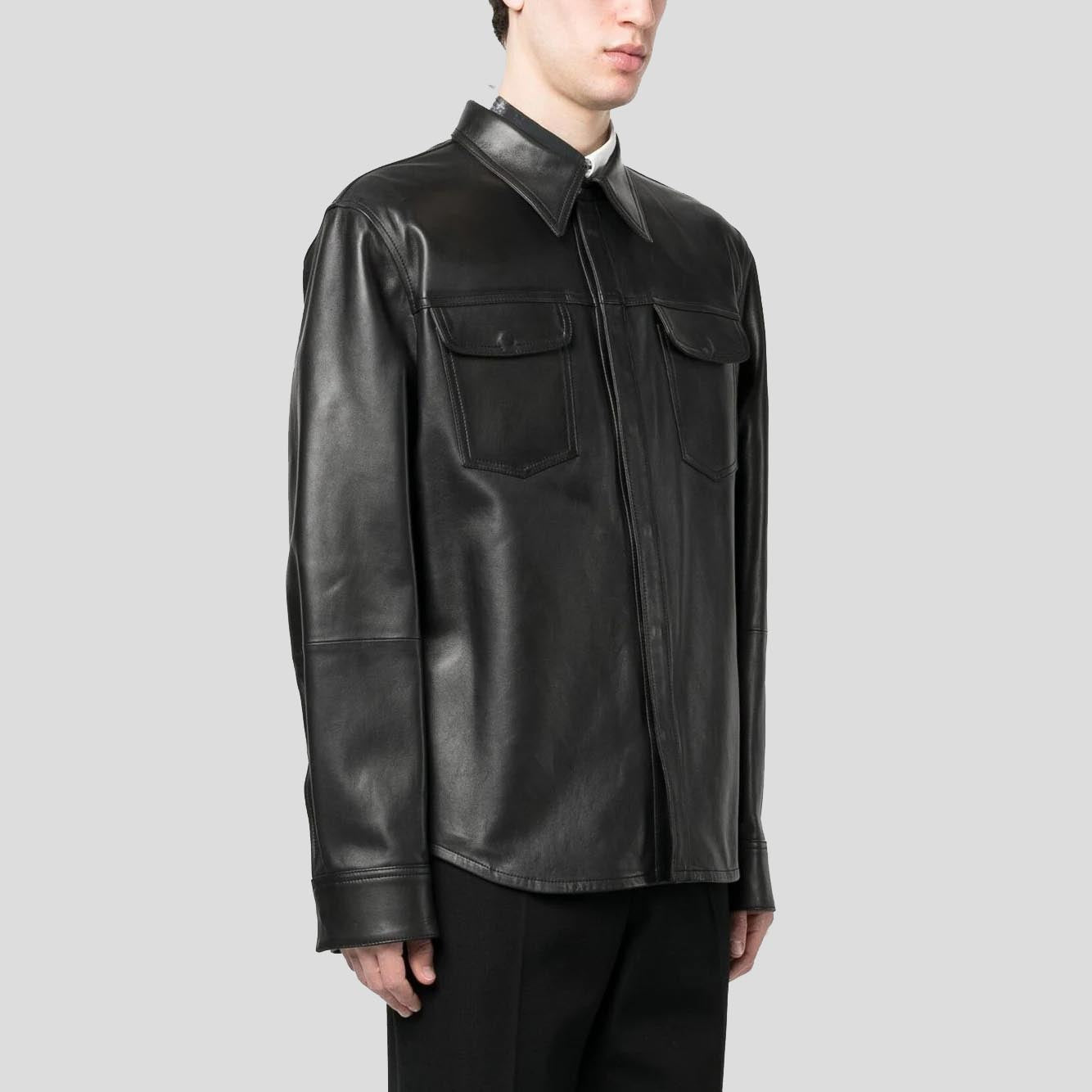 Men's Black Lambskin Leather Shirt with Chest Pocket - AMSEL LEATHERS