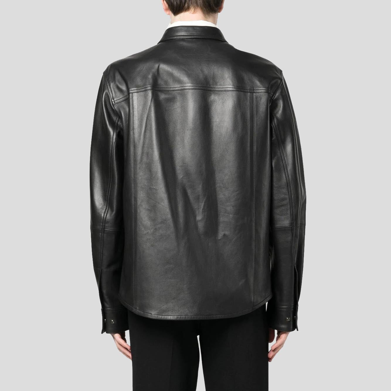 Men's Black Lambskin Leather Shirt with Chest Pocket - AMSEL LEATHERS