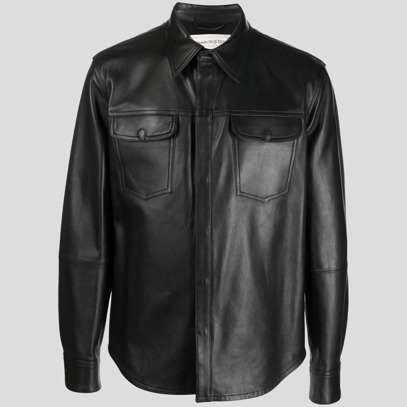 Men's Black Lambskin Leather Shirt with Chest Pocket - AMSEL LEATHERS