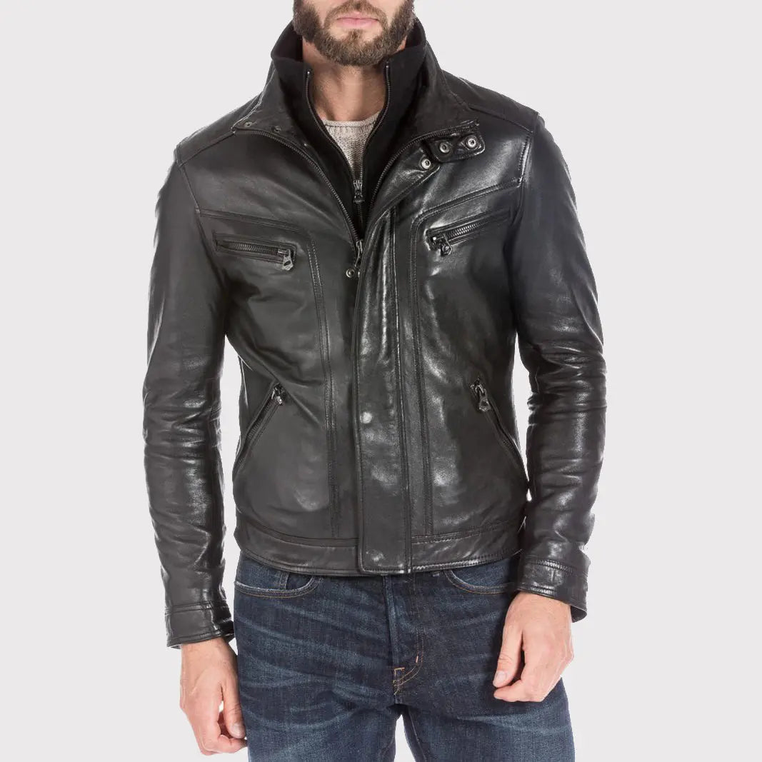 Men's Black Lambskin Leather Sports Jacket Amsel Leathers