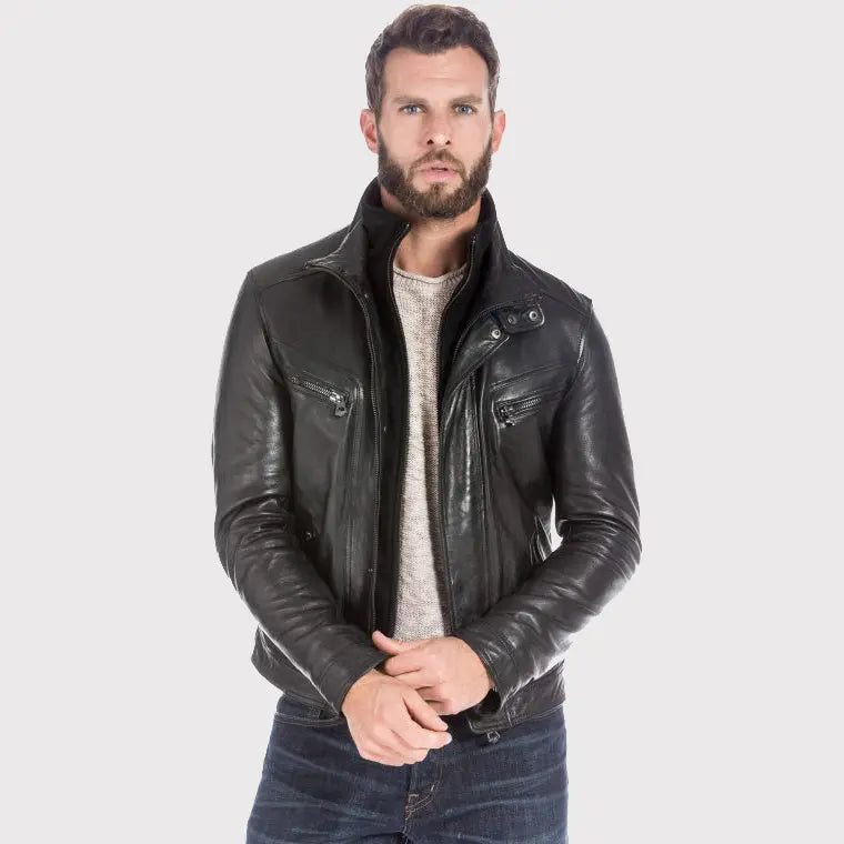 Men's Black Lambskin Leather Sports Jacket Amsel Leathers