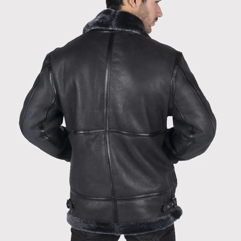 Men's Black Sheepskin Leather B3 Flying Aviator Jacket with Grey Fur Lining Amsel Leathers