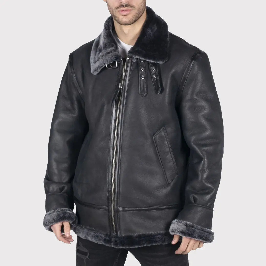 Men's Black Sheepskin Leather B3 Flying Aviator Jacket with Grey Fur Lining Amsel Leathers