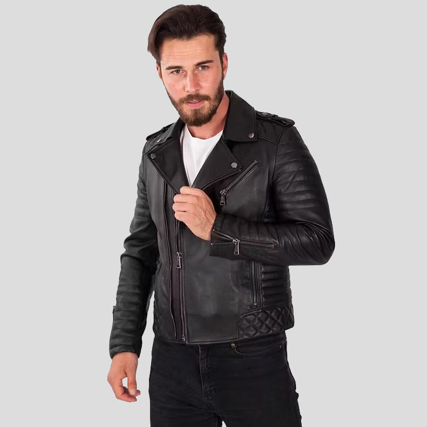 Men's Black Lambskin Leather Biker Jacket - AMSEL LEATHERS