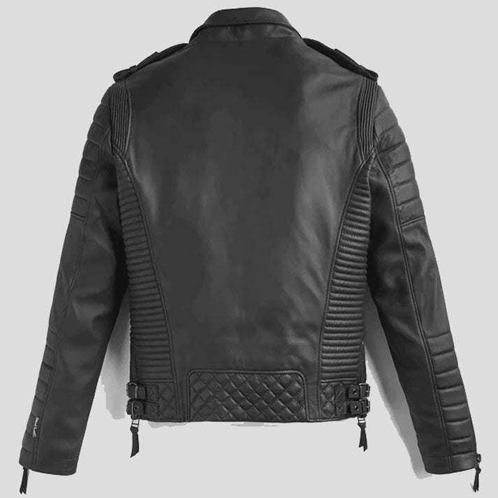 Men's Black Leather Biker Jacket With Pattern - AMSEL LEATHERS