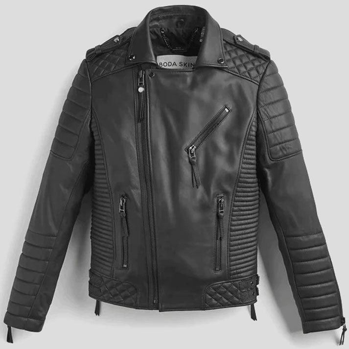 Men's Black Leather Biker Jacket With Pattern - AMSEL LEATHERS