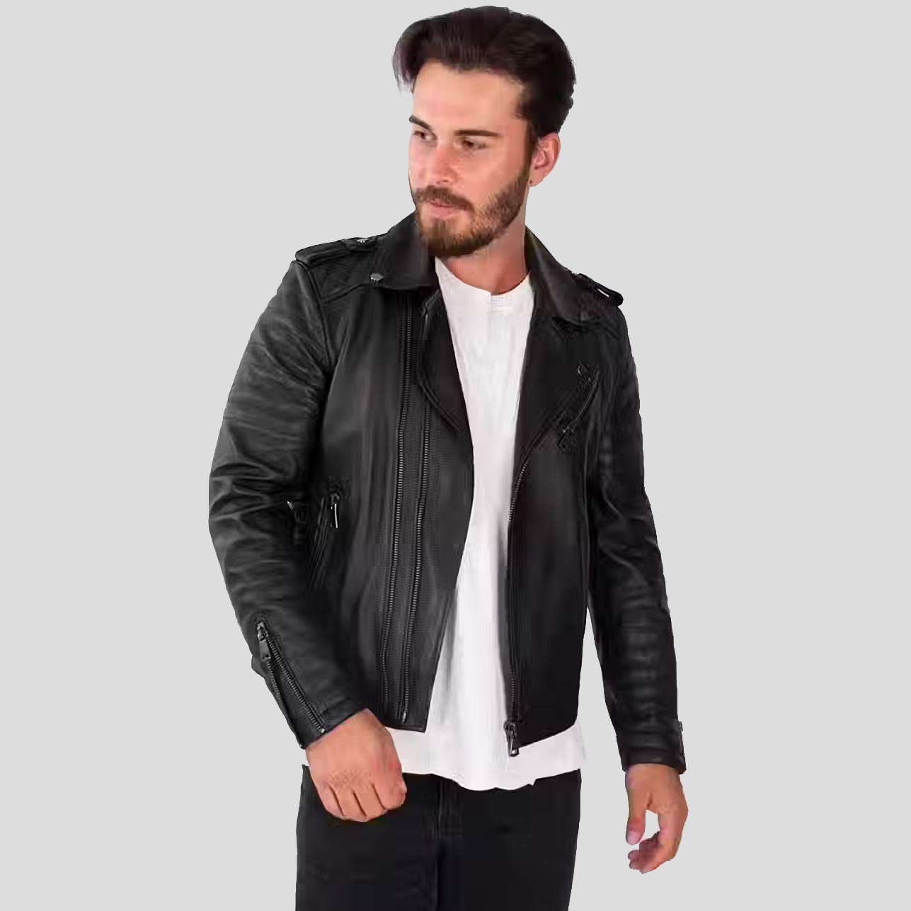 Men's Black Lambskin Leather Biker Jacket - AMSEL LEATHERS