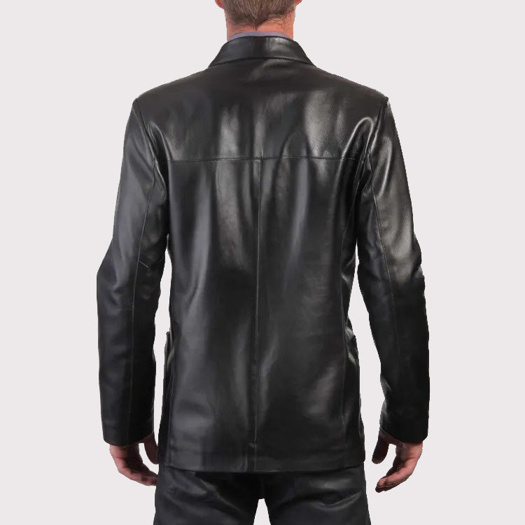 Elegant Black Leather Men's Blazer Coat - Three Button Style - AMSEL LEATHERS