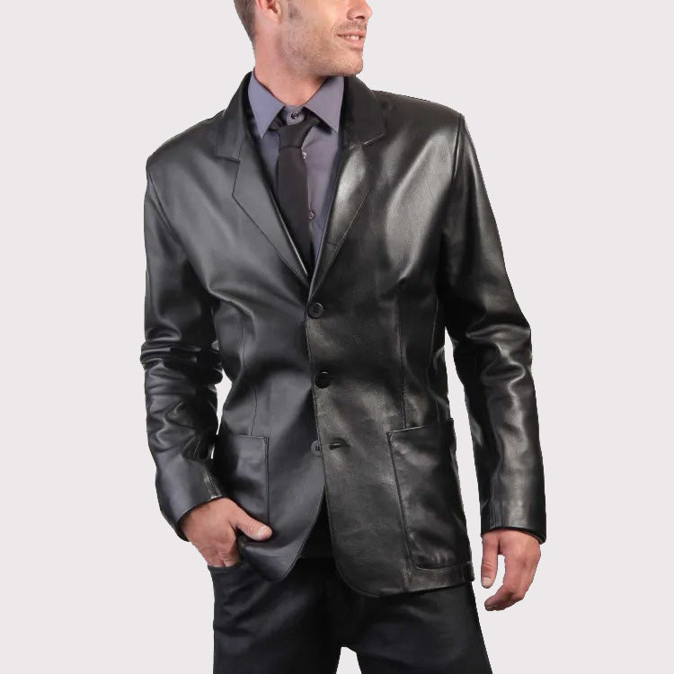 Elegant Black Leather Men's Blazer Coat - Three Button Style - AMSEL LEATHERS