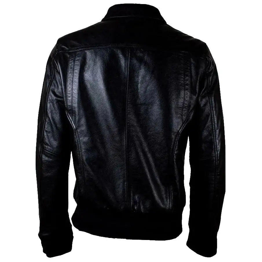 Men's Black Fashion Genuine Leather Bomber Jacket with 6 Front Pockets Amsel Leathers