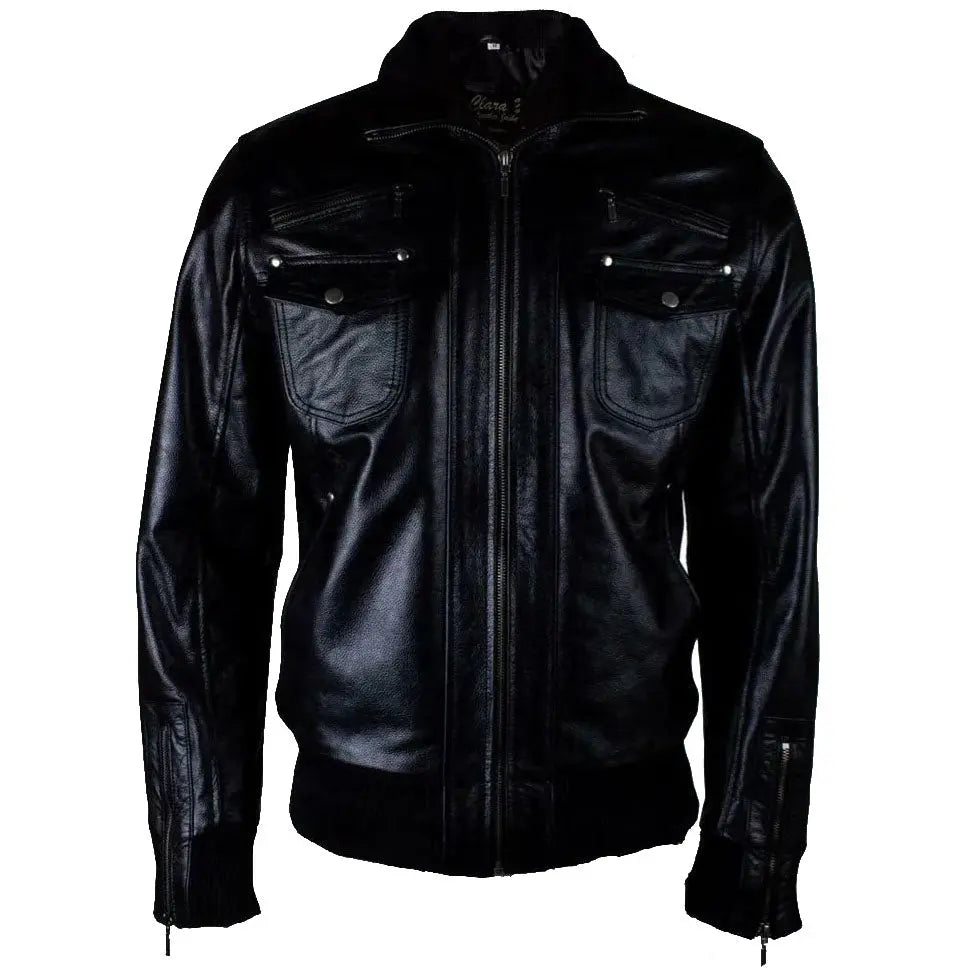 Men's Black Fashion Genuine Leather Bomber Jacket with 6 Front Pockets Amsel Leathers