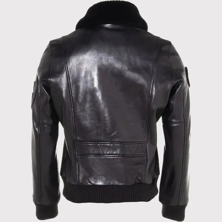 Men's Black Leather Bomber Jacket with Fur Collar Amsel Leathers