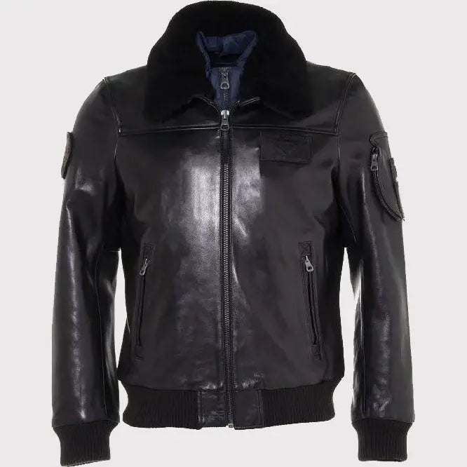 Men's Black Leather Bomber Jacket with Fur Collar Amsel Leathers