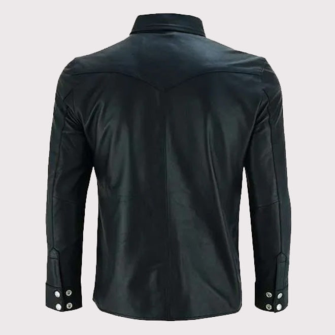 Classic Black Leather Collared Shirt for Men - Timeless Style - AMSEL LEATHERS