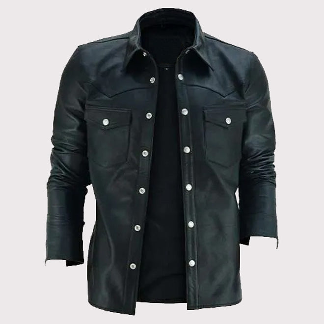 Classic Black Leather Collared Shirt for Men - Timeless Style - AMSEL LEATHERS