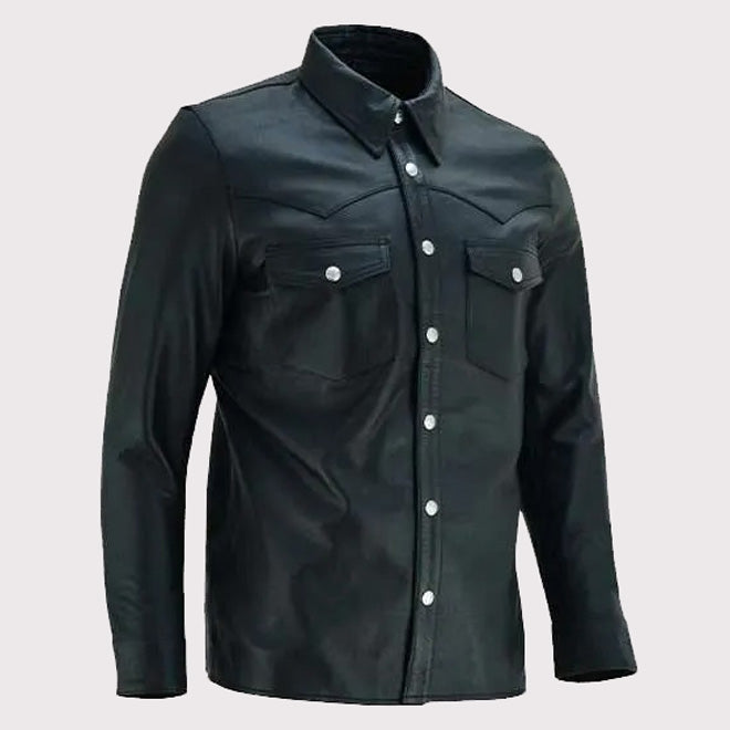 Classic Black Leather Collared Shirt for Men - Timeless Style - AMSEL LEATHERS