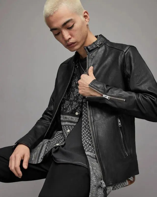 Men's Black Leather Harrington Jacket with Band Collar and Snap Button Amsel Leathers