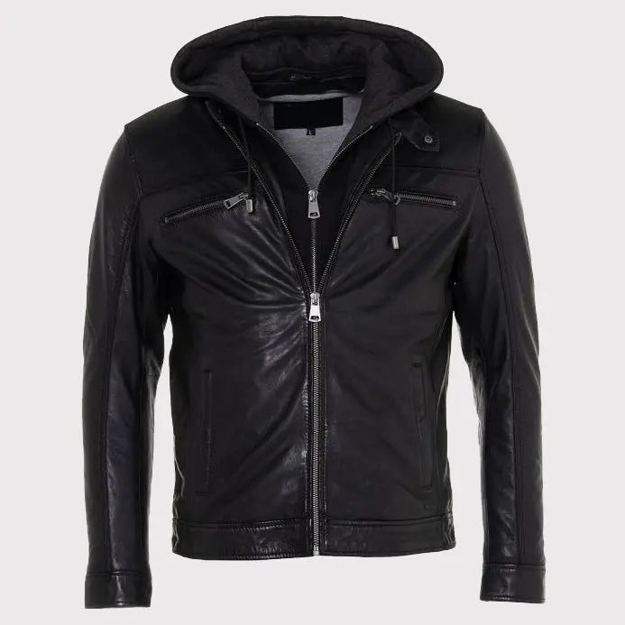 Men's Black Leather Jacket with Detachable Hood Amsel Leathers