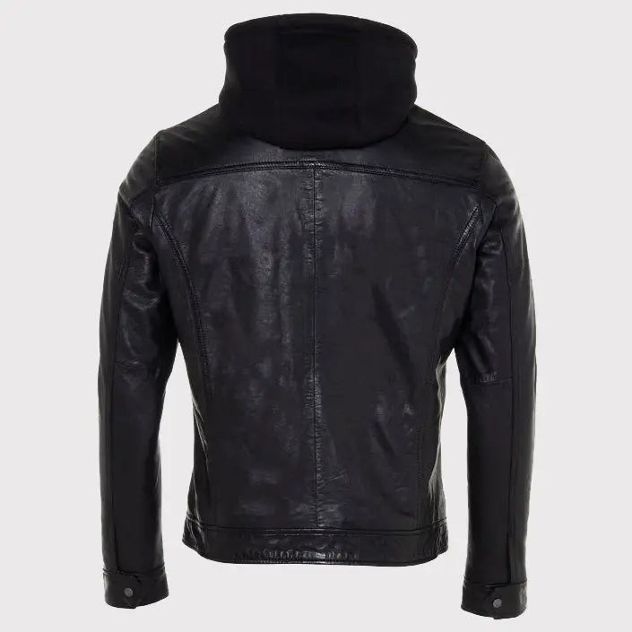 Men's Black Leather Jacket with Detachable Hood Amsel Leathers