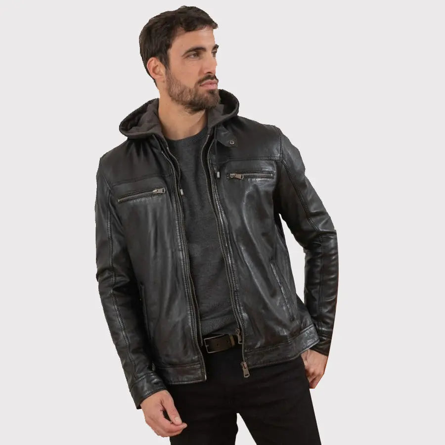 Men's Black Leather Jacket with Detachable Hood Amsel Leathers